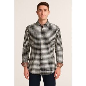 Robert Graham Houndstooth Blue/Cream Large Shirt Colorful Cuffs Long Sleeves